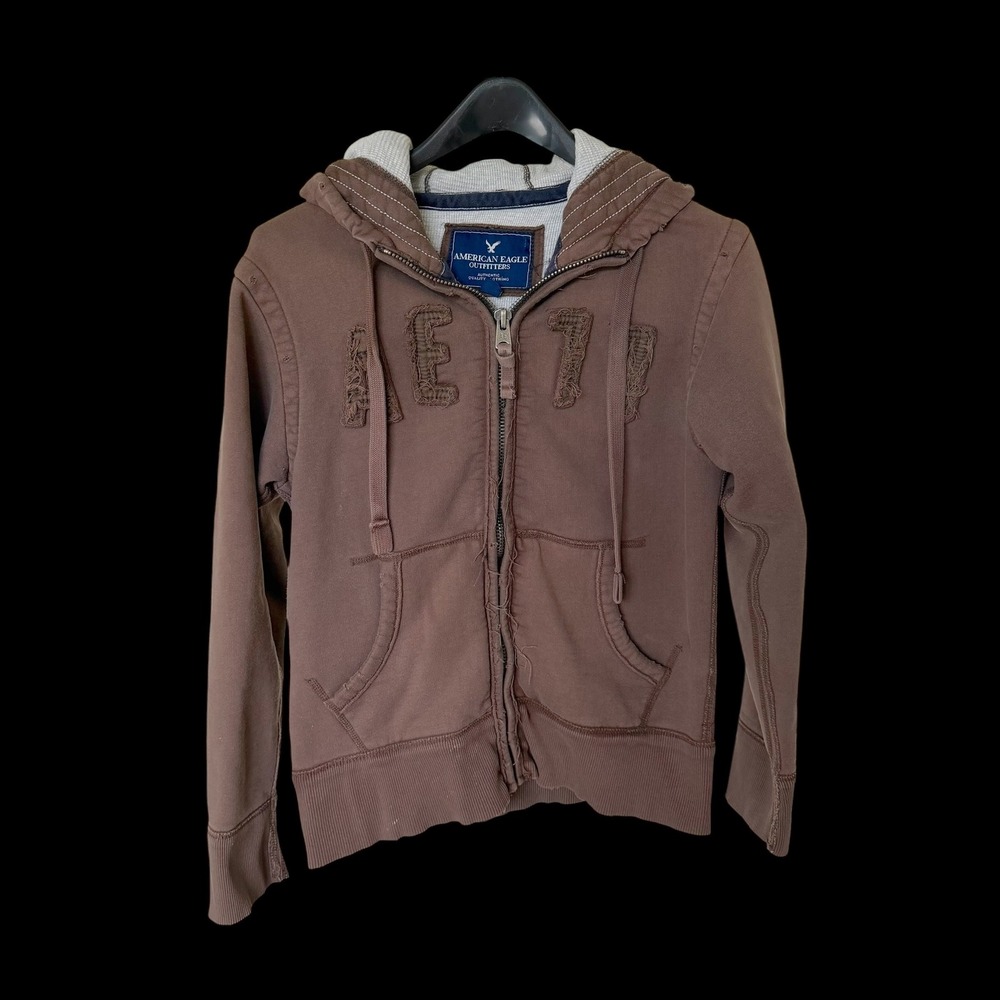 90's American Eagle Outfitters Brown Zip Up Hoodie Small Distressed Waffle Lined